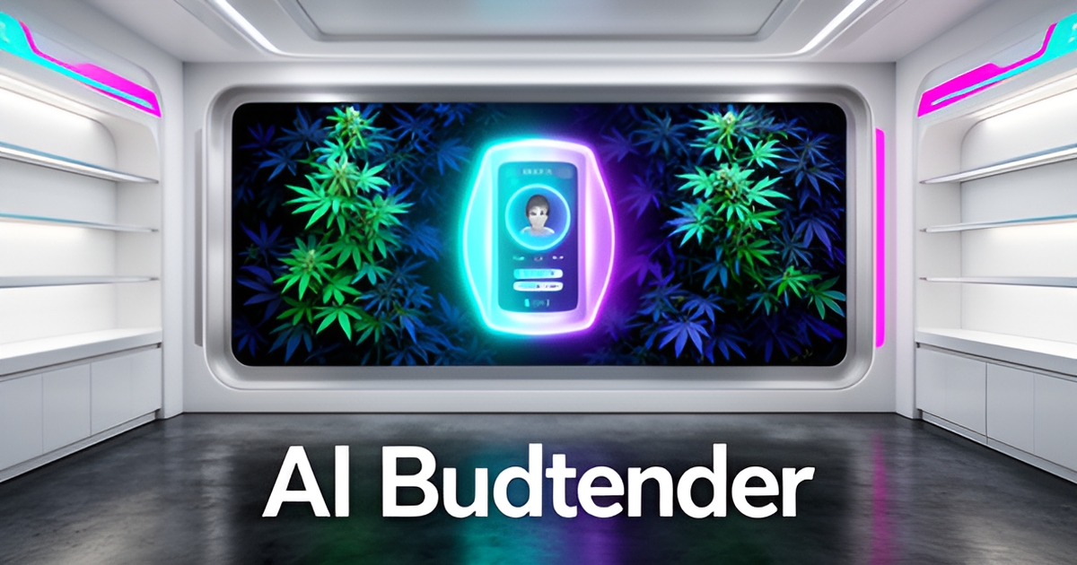 A futuristic cannabis dispensary interior with a virtual budtender AI interface on a large screen.